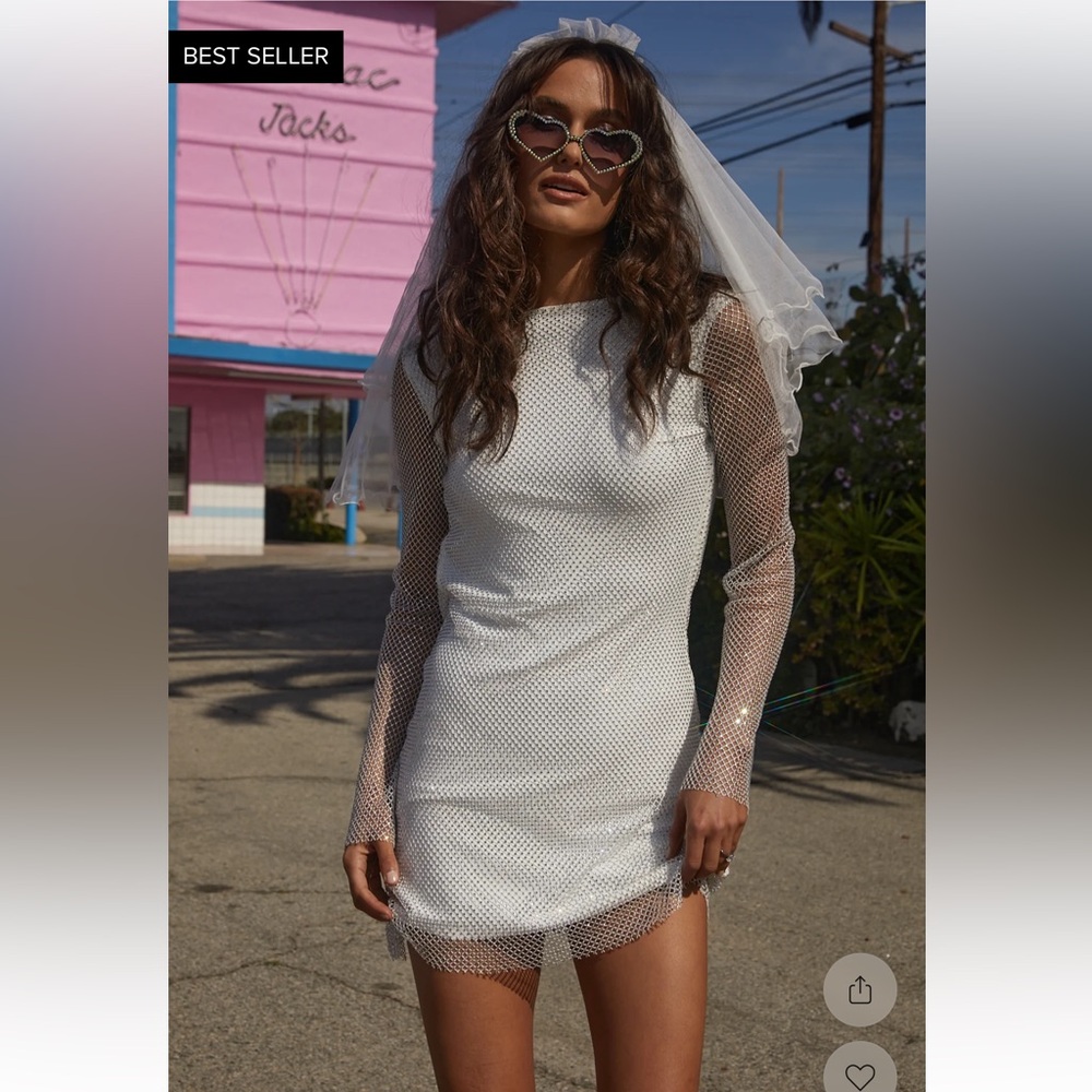12th Tribe Anna White Rhinestone Mesh Mini Dress